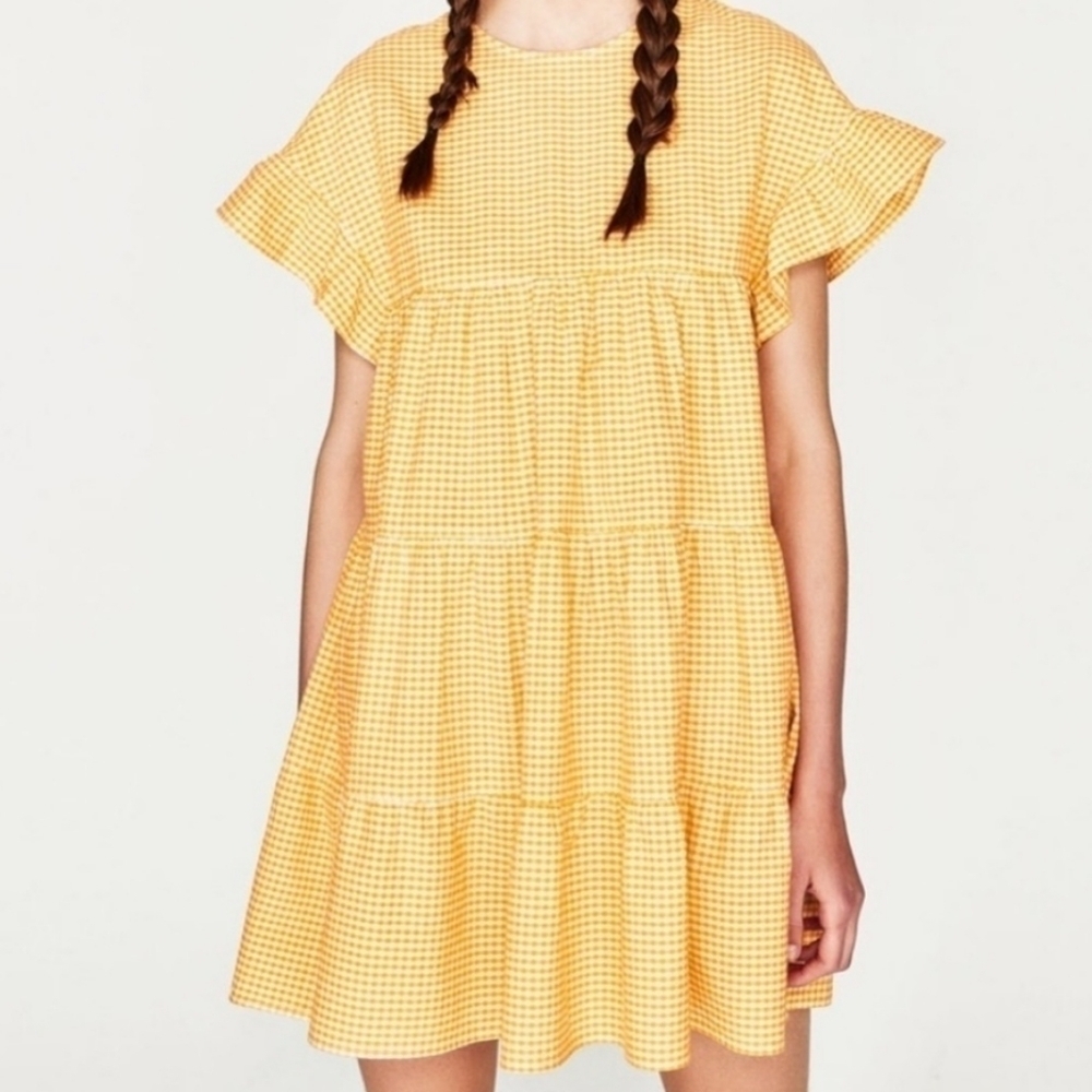 Zara Yellow Gingham Babydoll Mini Dress